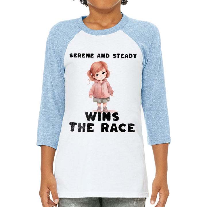 Serene and Steady Kids' Baseball T-Shirt - Cute Girl Graphic 3/4 Sleeve T-Shirt - Word Design Baseball Tee