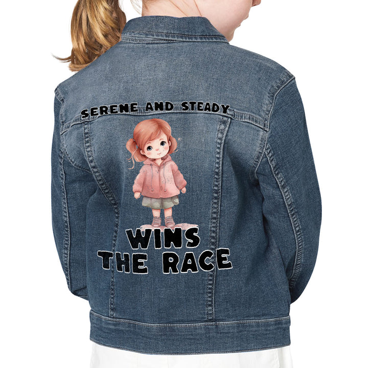 Serene and Steady Kids' Denim Jacket - Cute Girl Graphic Jean Jacket - Word Design Denim Jacket for Kids