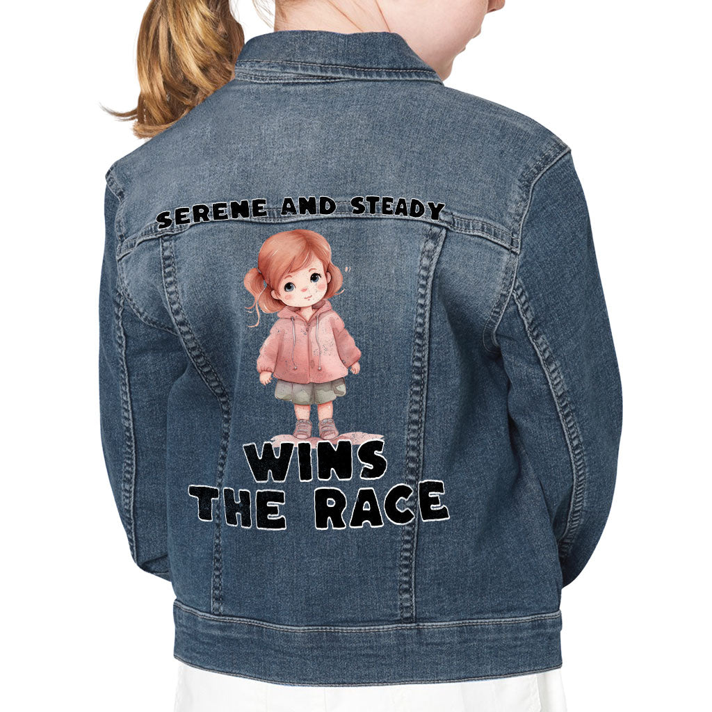Serene and Steady Kids' Denim Jacket - Cute Girl Graphic Jean Jacket - Word Design Denim Jacket for Kids