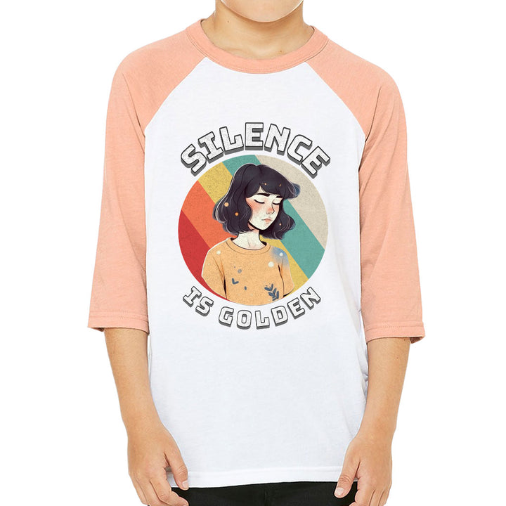 Silence Is Golden Kids' Baseball T-Shirt - Girl Print 3/4 Sleeve T-Shirt - Colorful Baseball Tee