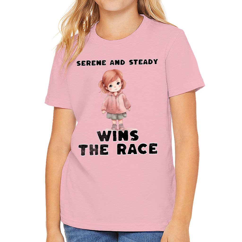 Serene and Steady Kids' T-Shirt - Cute Girl Graphic T-Shirt - Word Design Tee Shirt for Kids