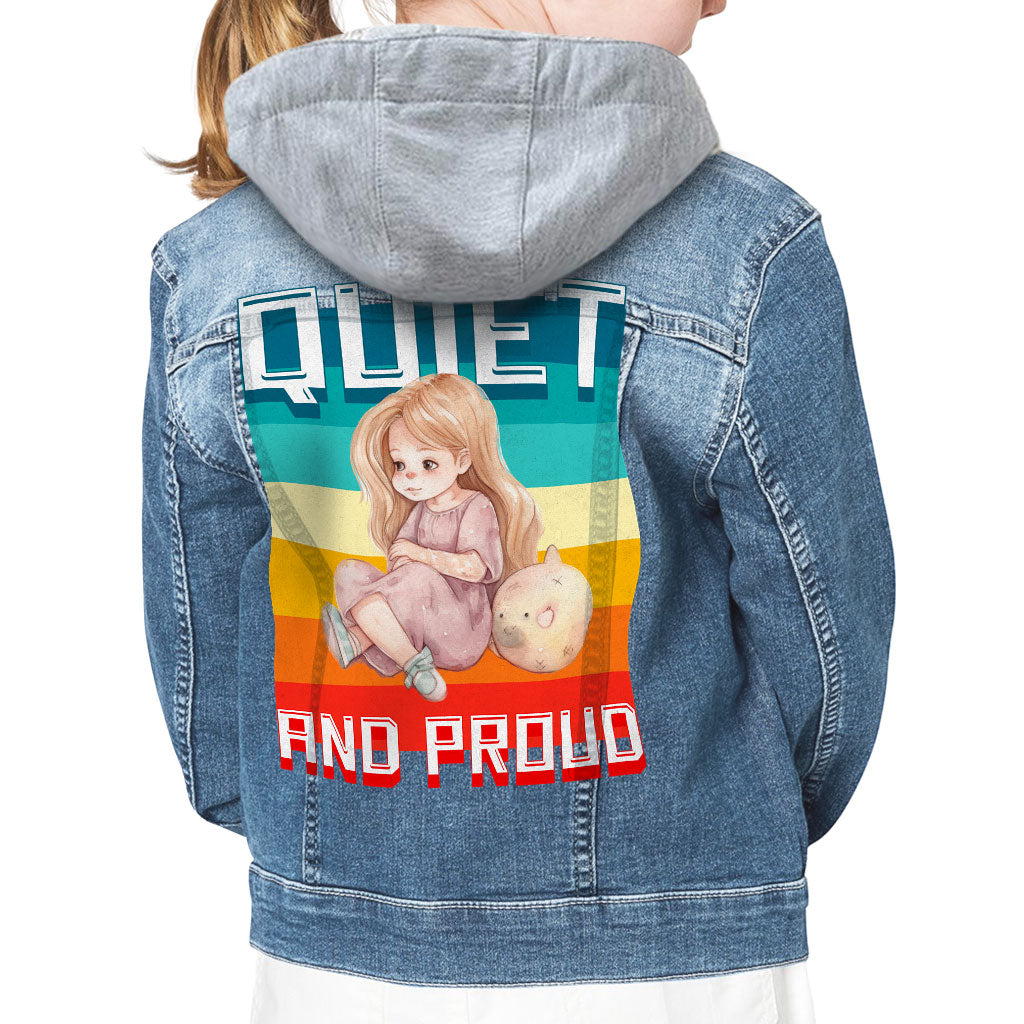 Quiet and Proud Hooded Denim Jacket for Kids - Cute Girl Jean Jacket - Printed Denim Jacket for Kids