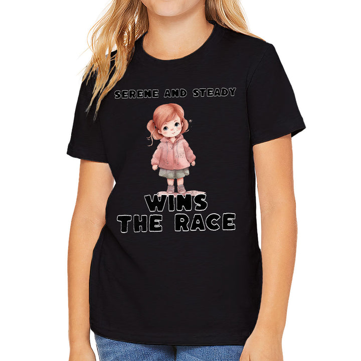 Serene and Steady Kids' T-Shirt - Cute Girl Graphic T-Shirt - Word Design Tee Shirt for Kids