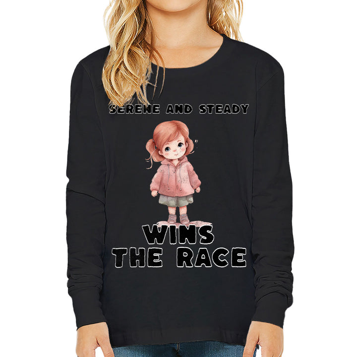 Serene and Steady Kids' Long Sleeve T-Shirt - Cute Girl Graphic T-Shirt - Word Design Long Sleeve Tee