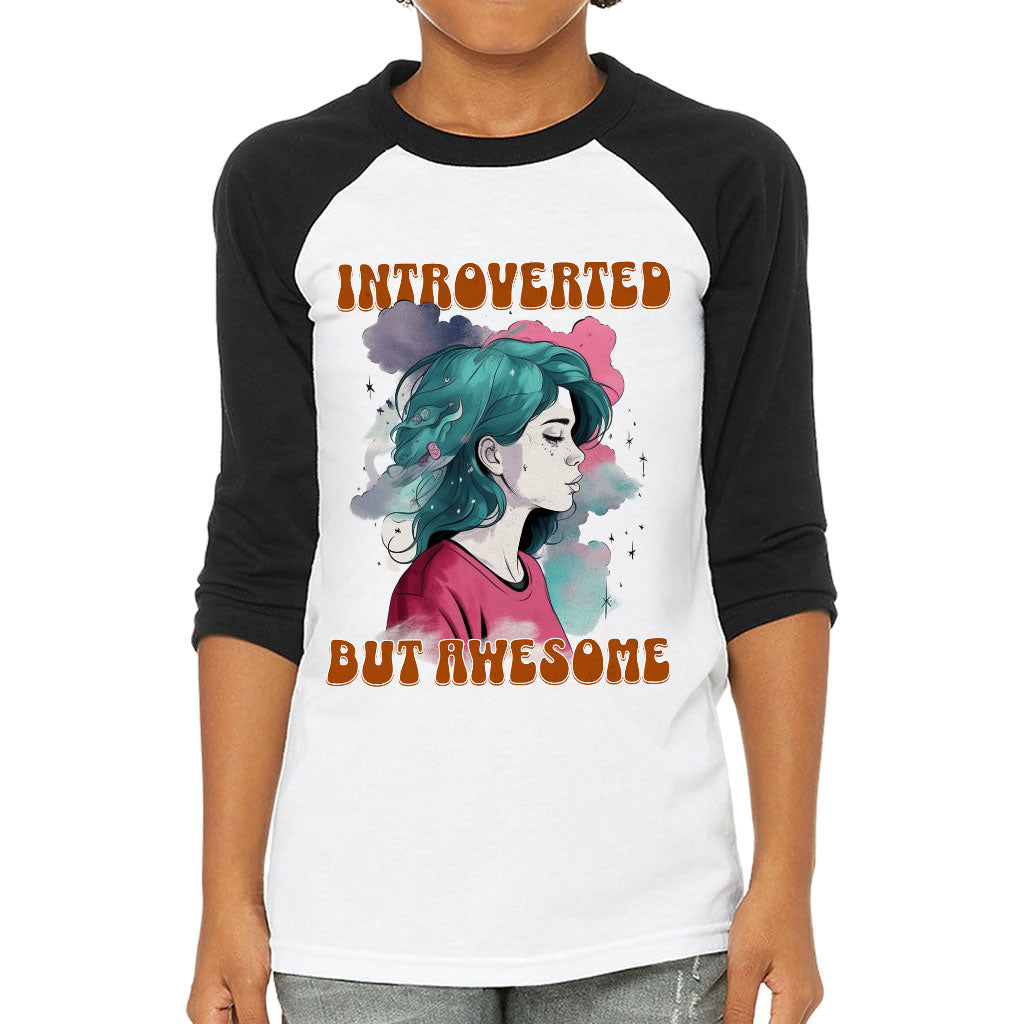Introverted but Awesome Kids' Baseball T-Shirt - Watercolor 3/4 Sleeve T-Shirt - Graphic Baseball Tee