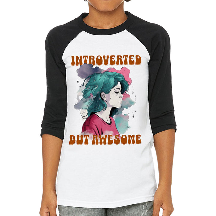 Introverted but Awesome Kids' Baseball T-Shirt - Watercolor 3/4 Sleeve T-Shirt - Graphic Baseball Tee