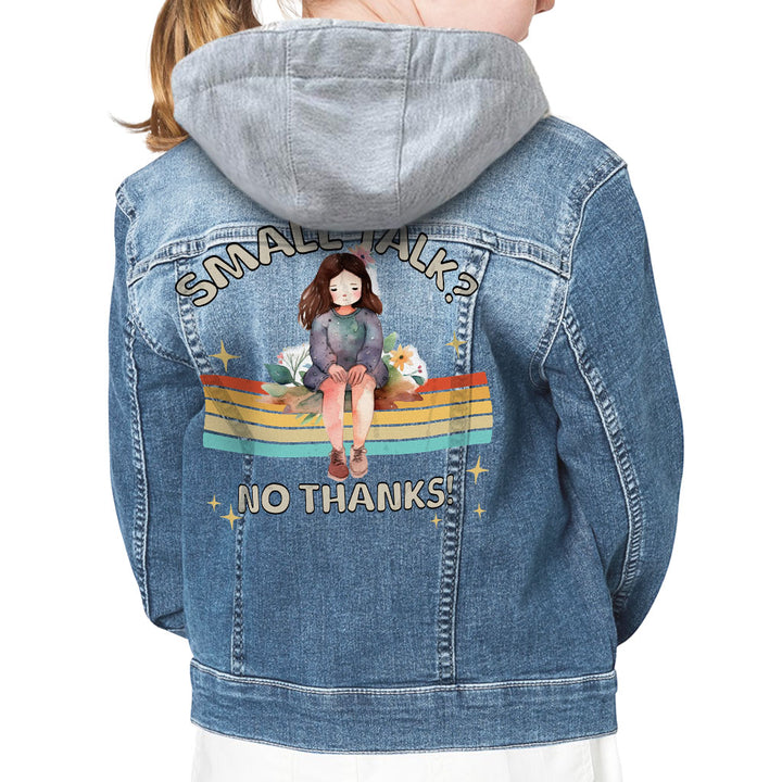 No Small Talk Hooded Denim Jacket for Kids - Shy Girl Jean Jacket - Art Denim Jacket for Kids