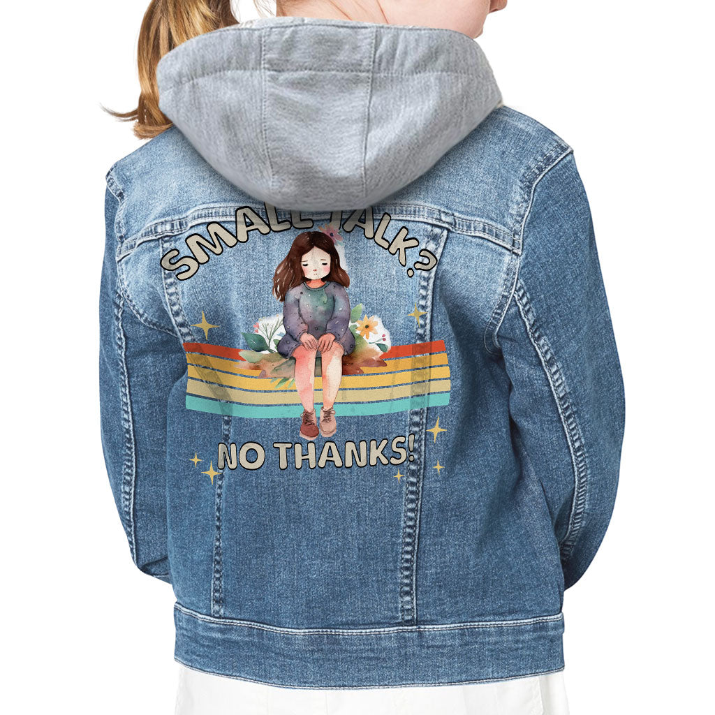 No Small Talk Hooded Denim Jacket for Kids - Shy Girl Jean Jacket - Art Denim Jacket for Kids