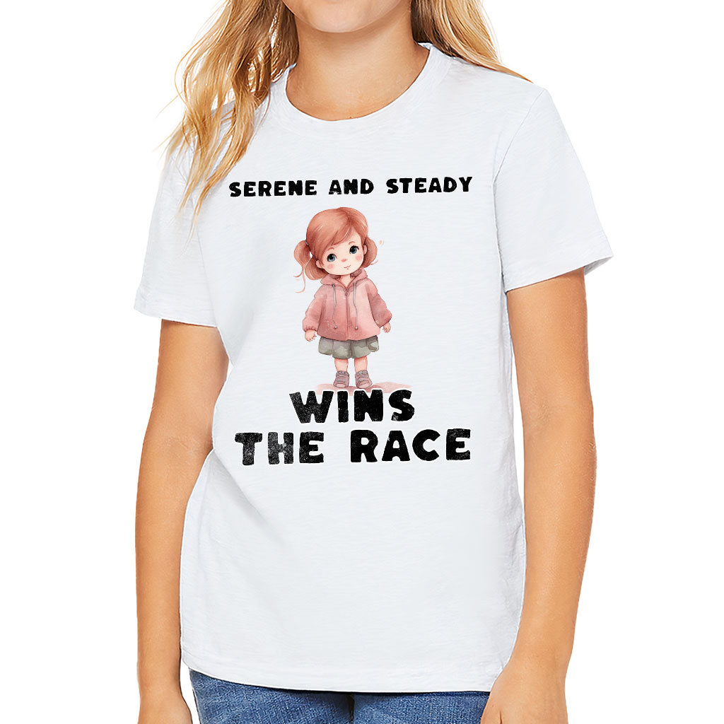 Serene and Steady Kids' T-Shirt - Cute Girl Graphic T-Shirt - Word Design Tee Shirt for Kids