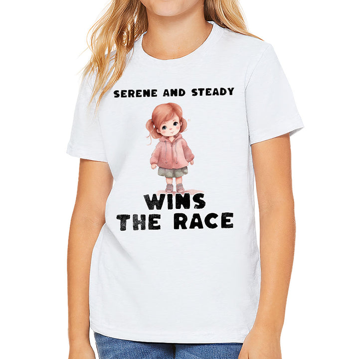 Serene and Steady Kids' T-Shirt - Cute Girl Graphic T-Shirt - Word Design Tee Shirt for Kids