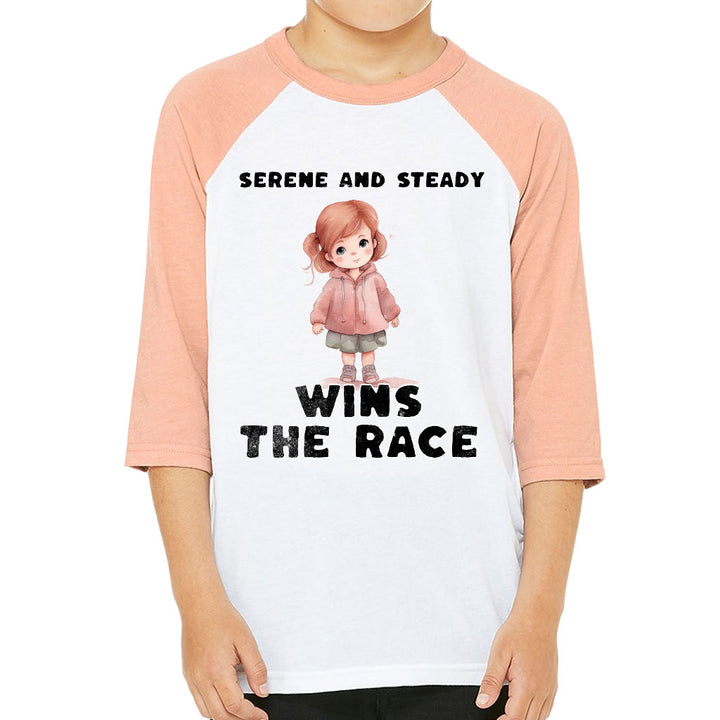 Serene and Steady Kids' Baseball T-Shirt - Cute Girl Graphic 3/4 Sleeve T-Shirt - Word Design Baseball Tee