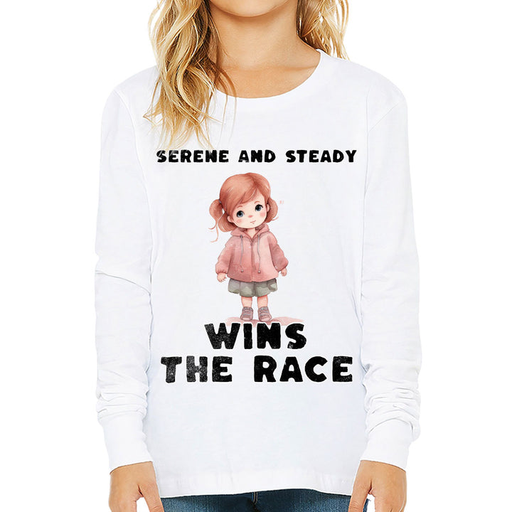 Serene and Steady Kids' Long Sleeve T-Shirt - Cute Girl Graphic T-Shirt - Word Design Long Sleeve Tee