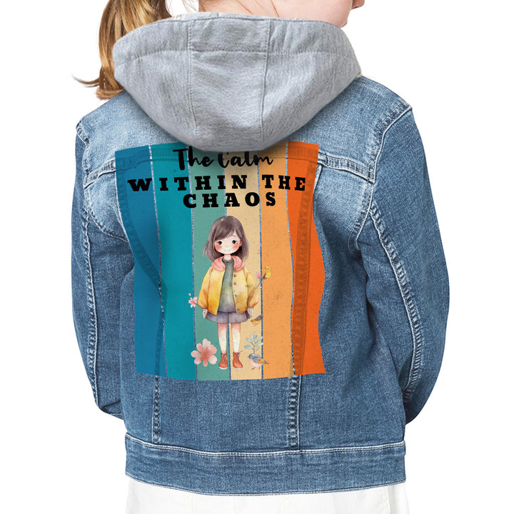 The Calm Within the Chaos Hooded Denim Jacket for Kids - Flower Girl Jean Jacket - Art Denim Jacket for Kids