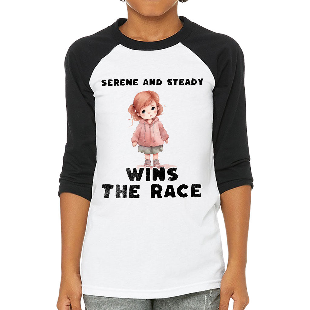 Serene and Steady Kids' Baseball T-Shirt - Cute Girl Graphic 3/4 Sleeve T-Shirt - Word Design Baseball Tee
