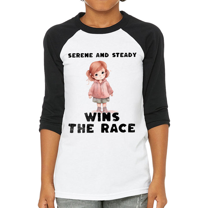 Serene and Steady Kids' Baseball T-Shirt - Cute Girl Graphic 3/4 Sleeve T-Shirt - Word Design Baseball Tee