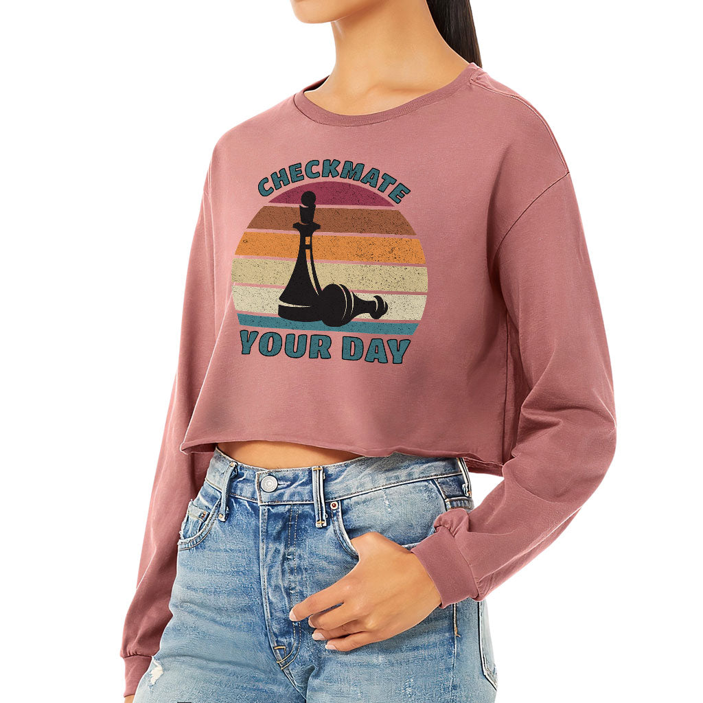 Checkmate Your Day Cropped Long Sleeve T-Shirt - Colorful Women's T-Shirt - Printed Long Sleeve Tee