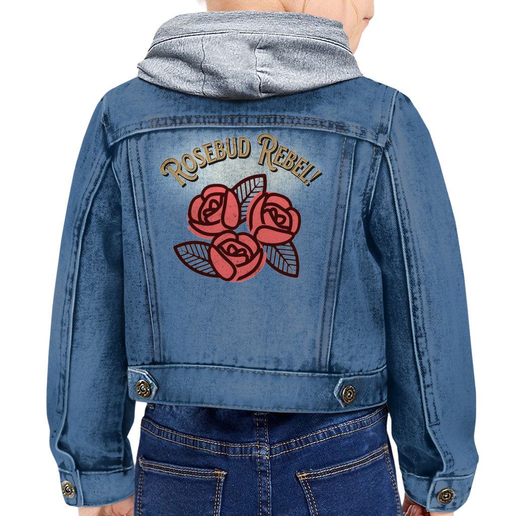 Rosebud Rebel Toddler Hooded Denim Jacket - Cute Jean Jacket - Flower Themed Denim Jacket for Kids