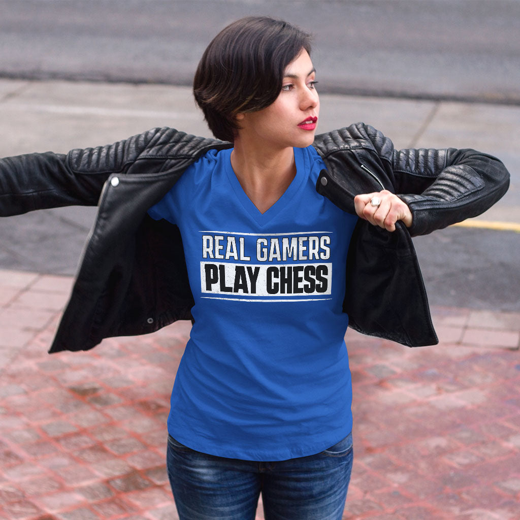Real Gamers Women's V-Neck T-Shirt - Word Graphic V-Neck Tee - Graphic T-Shirt