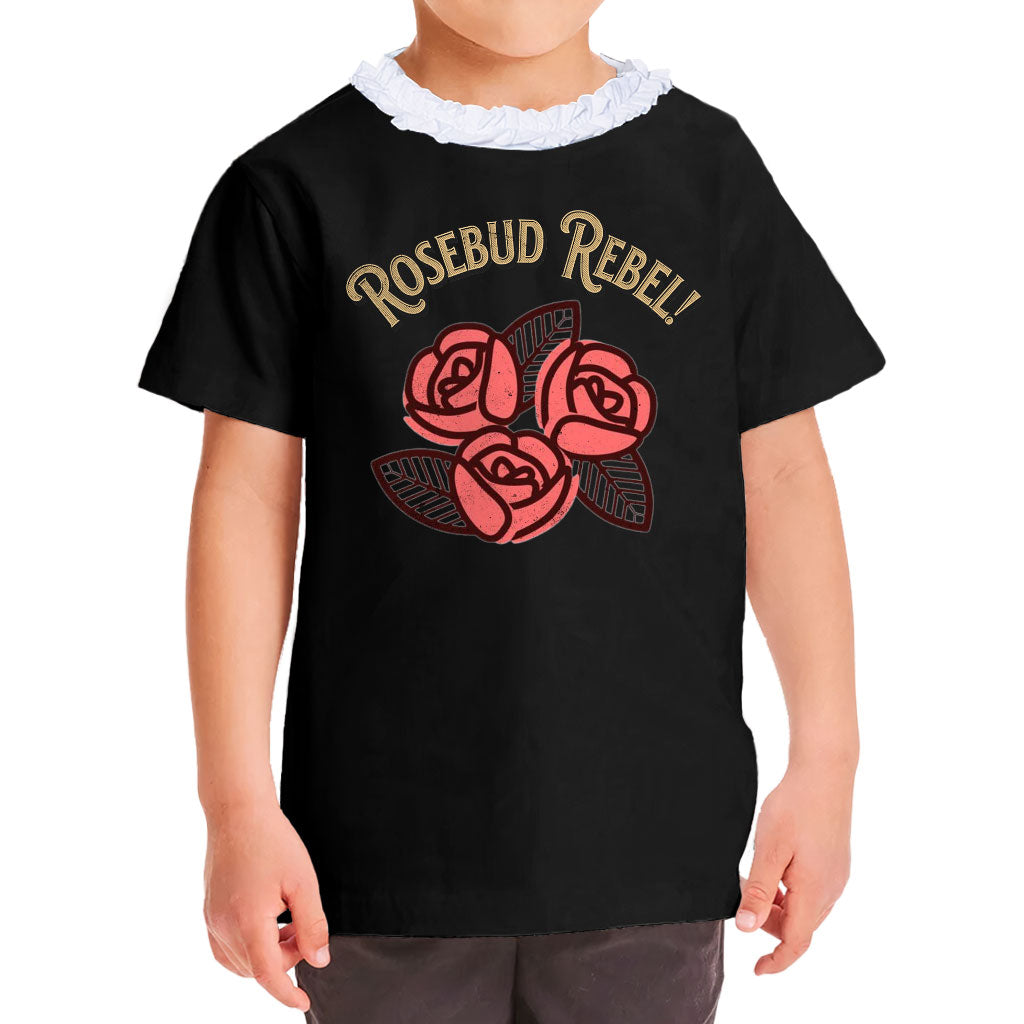 Rosebud Rebel Girls' Ruffle Neck T-Shirt - Cute Toddler T-Shirt - Flower Themed Ruffle Neck Tee