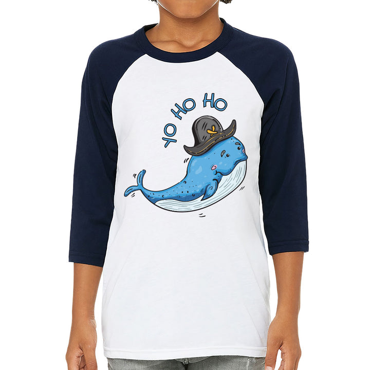 Whale Print Kids' Baseball T-Shirt - Yo Ho Ho 3/4 Sleeve T-Shirt - Graphic Baseball Tee