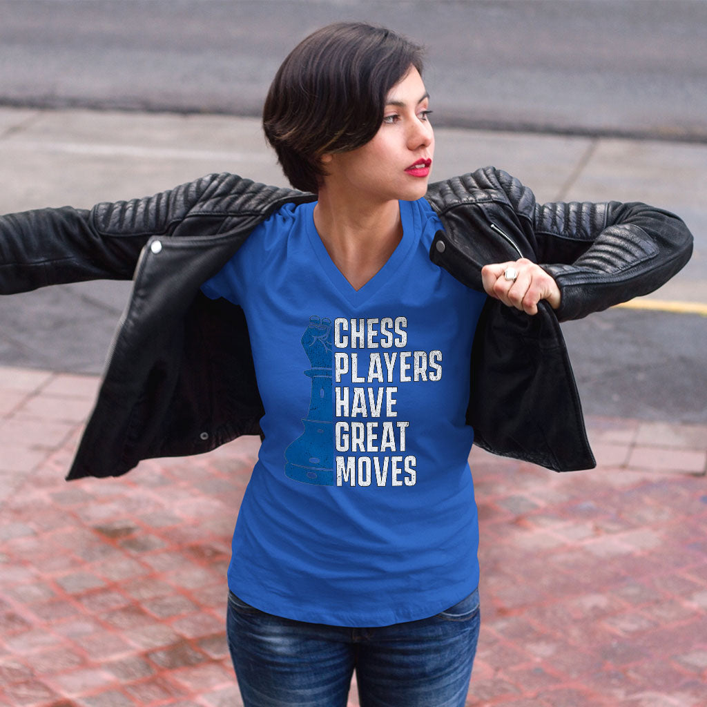 Chess Players Women's V-Neck T-Shirt - Cool Design V-Neck Tee - Word Design T-Shirt