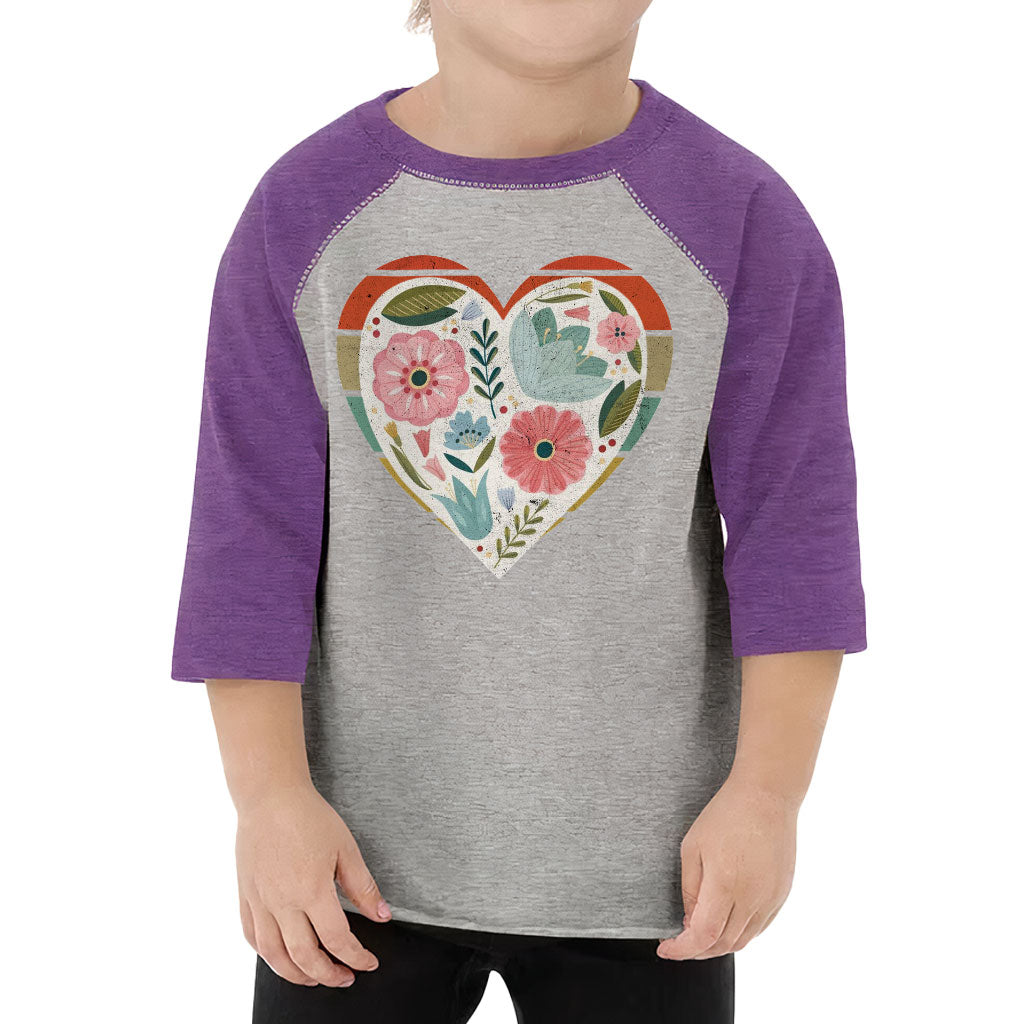Flower Heart Toddler Baseball T-Shirt - Colorful 3/4 Sleeve T-Shirt - Printed Kids' Baseball Tee
