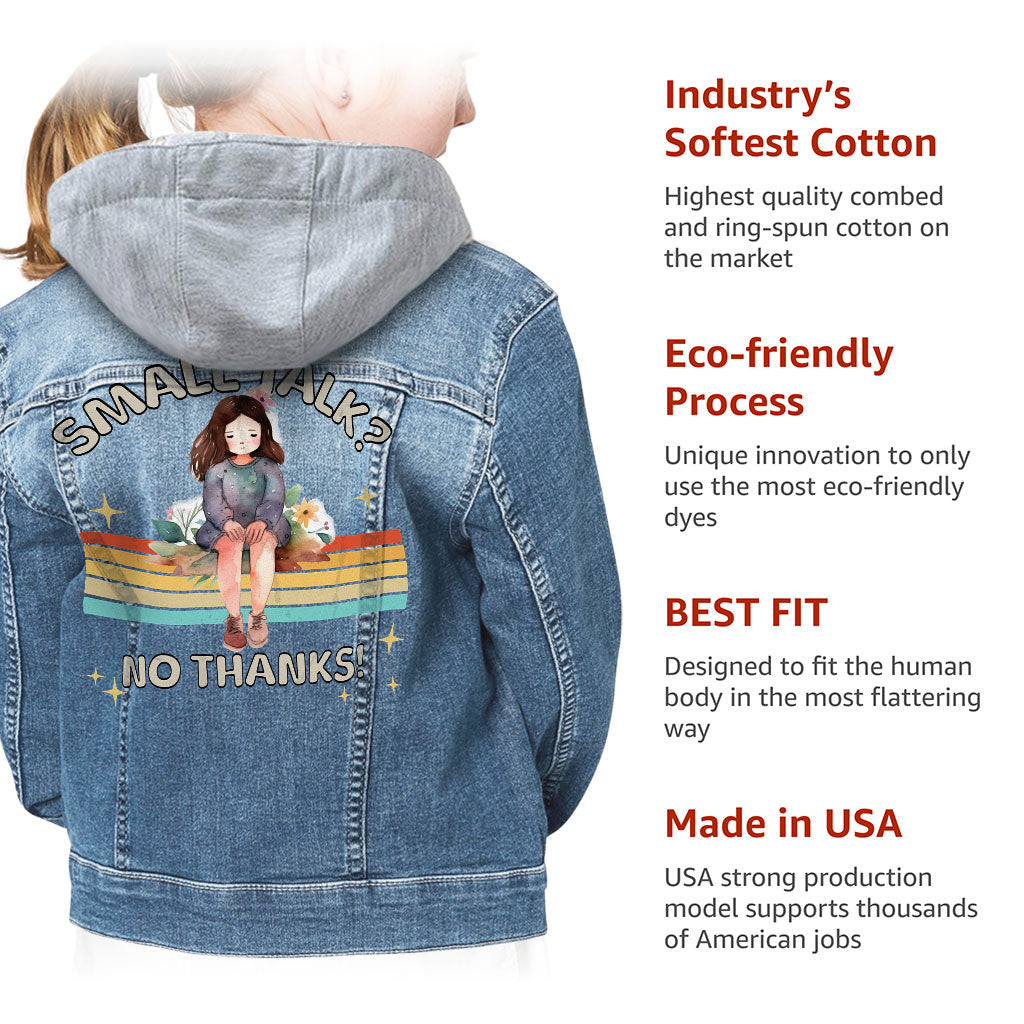 No Small Talk Hooded Denim Jacket for Kids - Shy Girl Jean Jacket - Art Denim Jacket for Kids