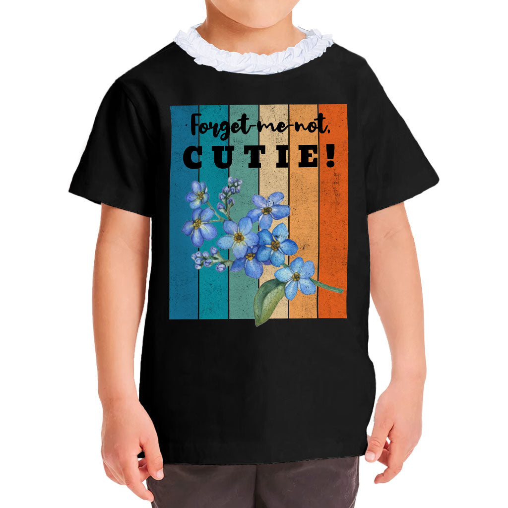 Forget-me-not Cutie Girls' Ruffle Neck T-Shirt - Vintage Toddler T-Shirt - Bright Ruffle Neck Tee