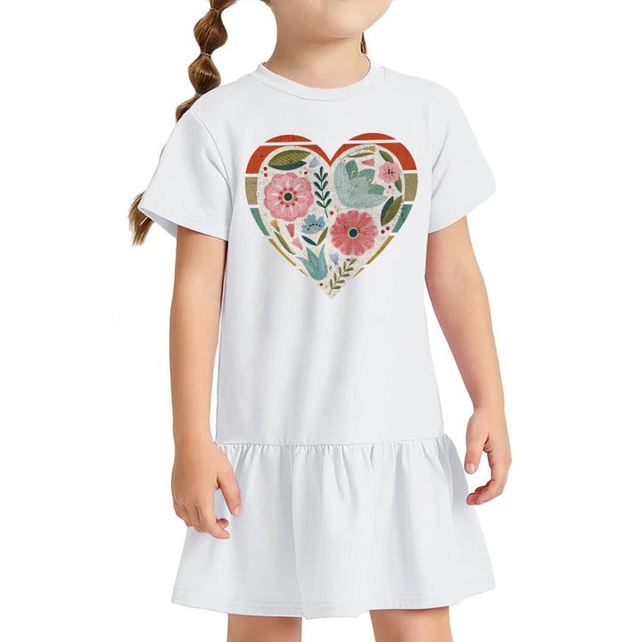 Flower Heart Toddler Rib Dress - Colorful Girls' Dress - Printed Toddler Dress