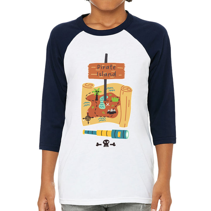 Pirate Island Kids' Baseball T-Shirt - Map Print 3/4 Sleeve T-Shirt - Cool Baseball Tee