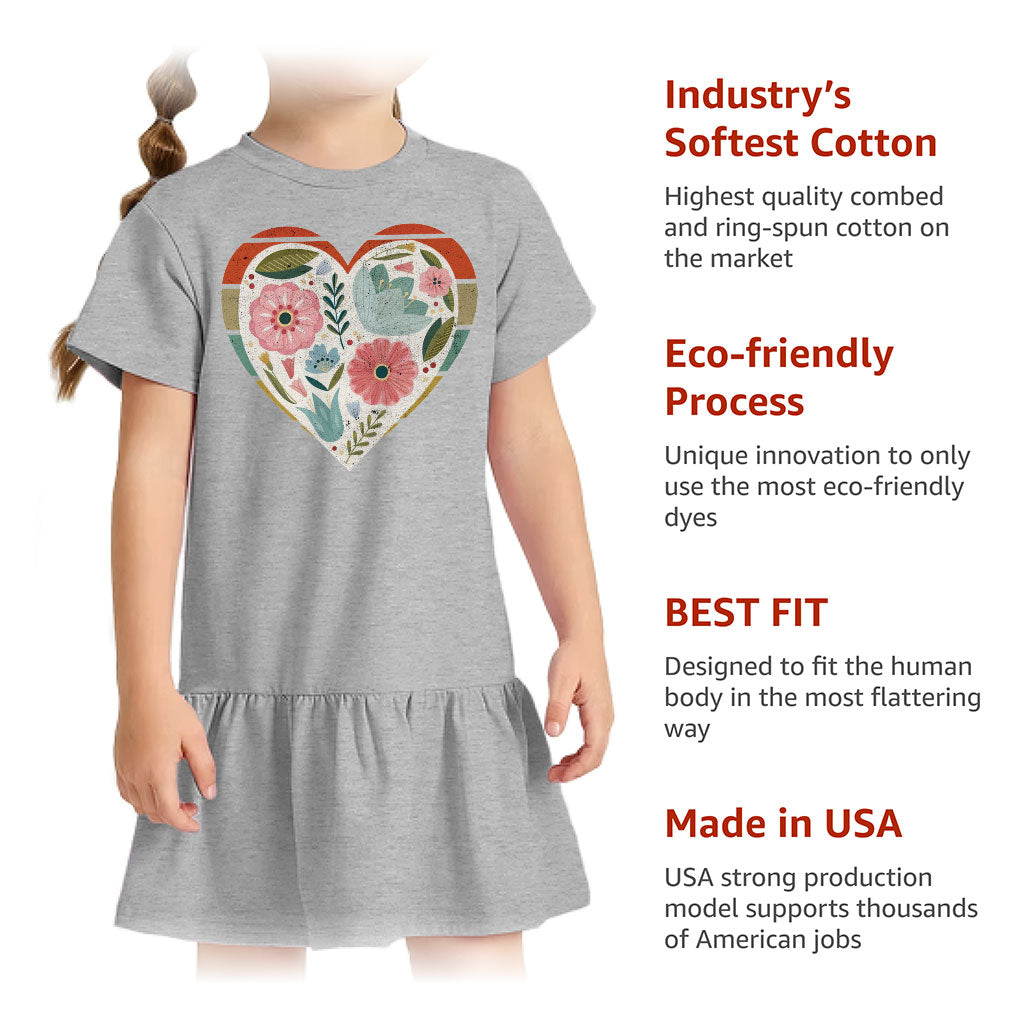 Flower Heart Toddler Rib Dress - Colorful Girls' Dress - Printed Toddler Dress
