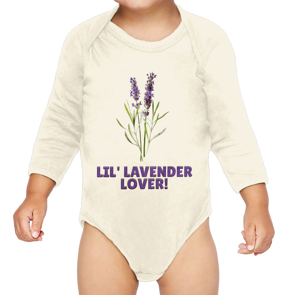 Lil' Lavender Lover Baby Long Sleeve Onesie - Flower Themed Baby Long Sleeve Bodysuit - Graphic Baby One-Piece