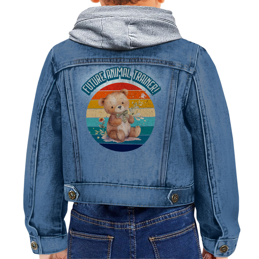 Future Animal Trainer Toddler Hooded Denim Jacket - Teddy Bear Jean Jacket - Printed Denim Jacket for Kids