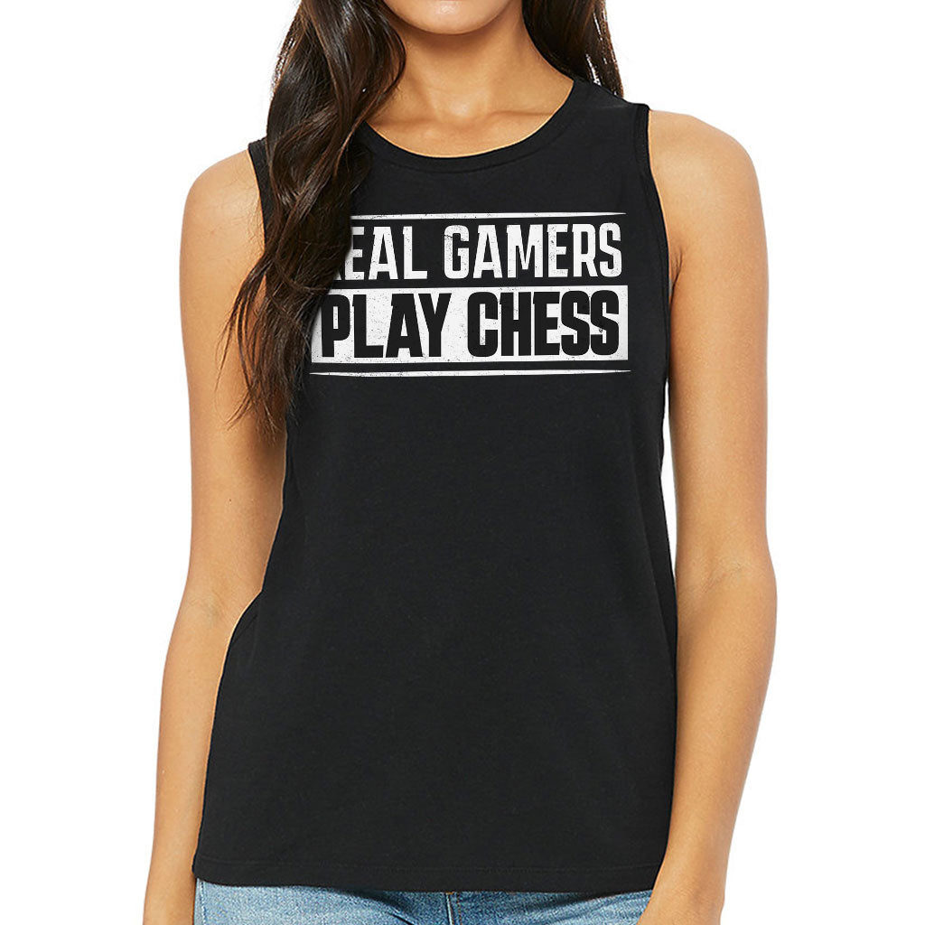 Real Gamers Women's Muscle Tank - Word Graphic Tank Top - Graphic Workout Tank