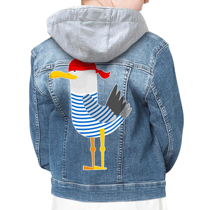 Bird Pirate Hooded Denim Jacket for Kids - Cool Jean Jacket - Printed Denim Jacket for Kids