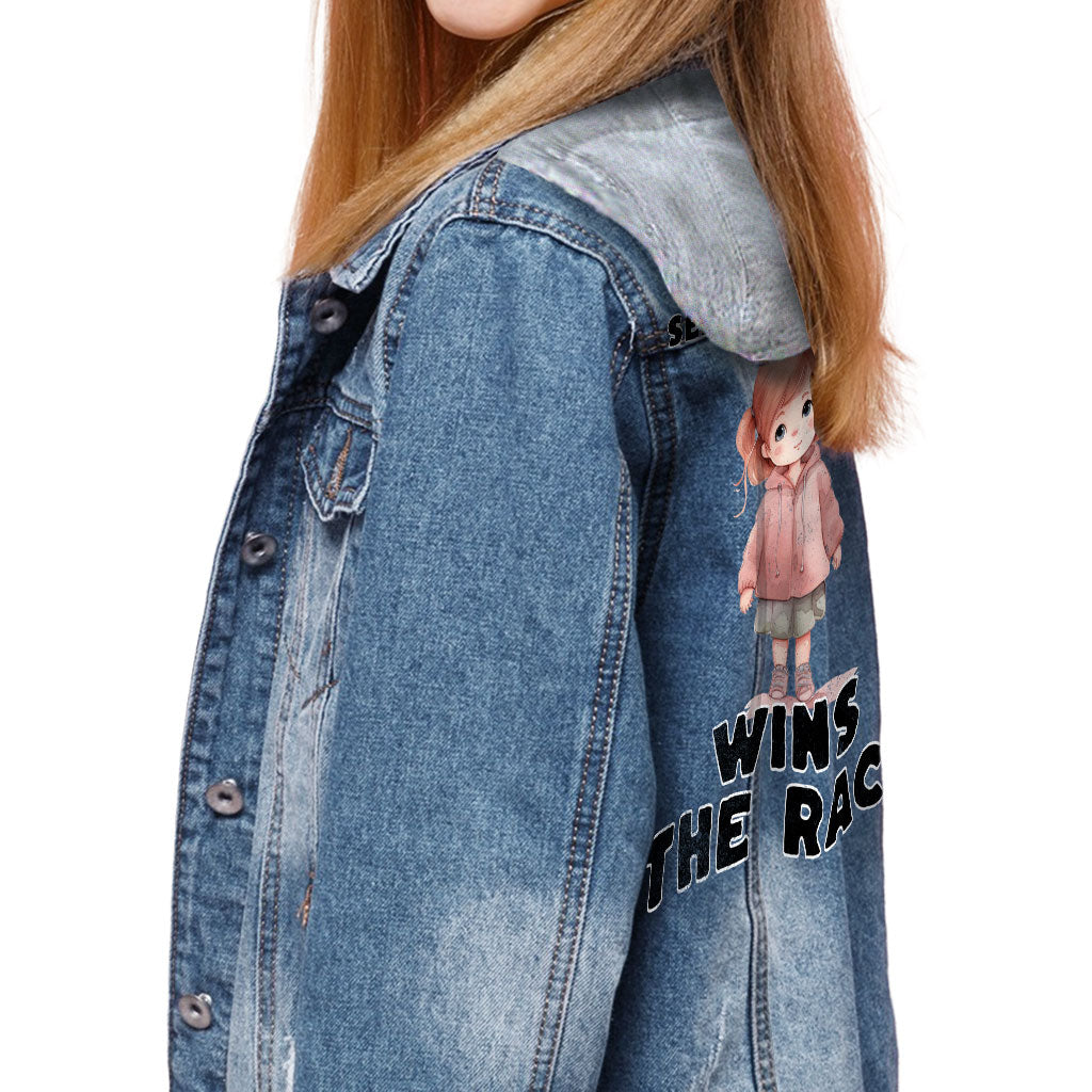 Serene and Steady Hooded Denim Jacket for Kids - Cute Girl Graphic Jean Jacket - Word Design Denim Jacket for Kids