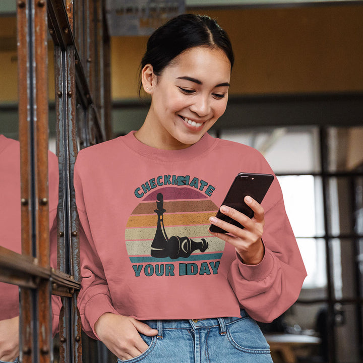 Checkmate Your Day Cropped Long Sleeve T-Shirt - Colorful Women's T-Shirt - Printed Long Sleeve Tee