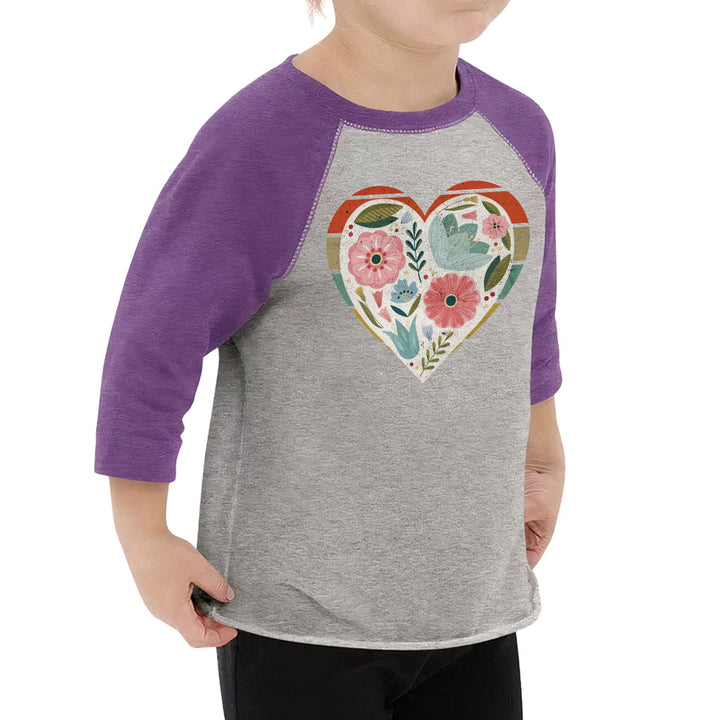 Flower Heart Toddler Baseball T-Shirt - Colorful 3/4 Sleeve T-Shirt - Printed Kids' Baseball Tee