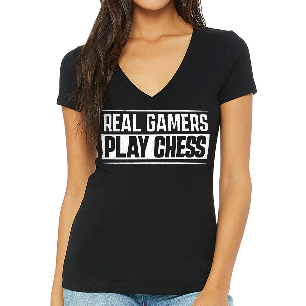 Real Gamers Women's V-Neck T-Shirt - Word Graphic V-Neck Tee - Graphic T-Shirt