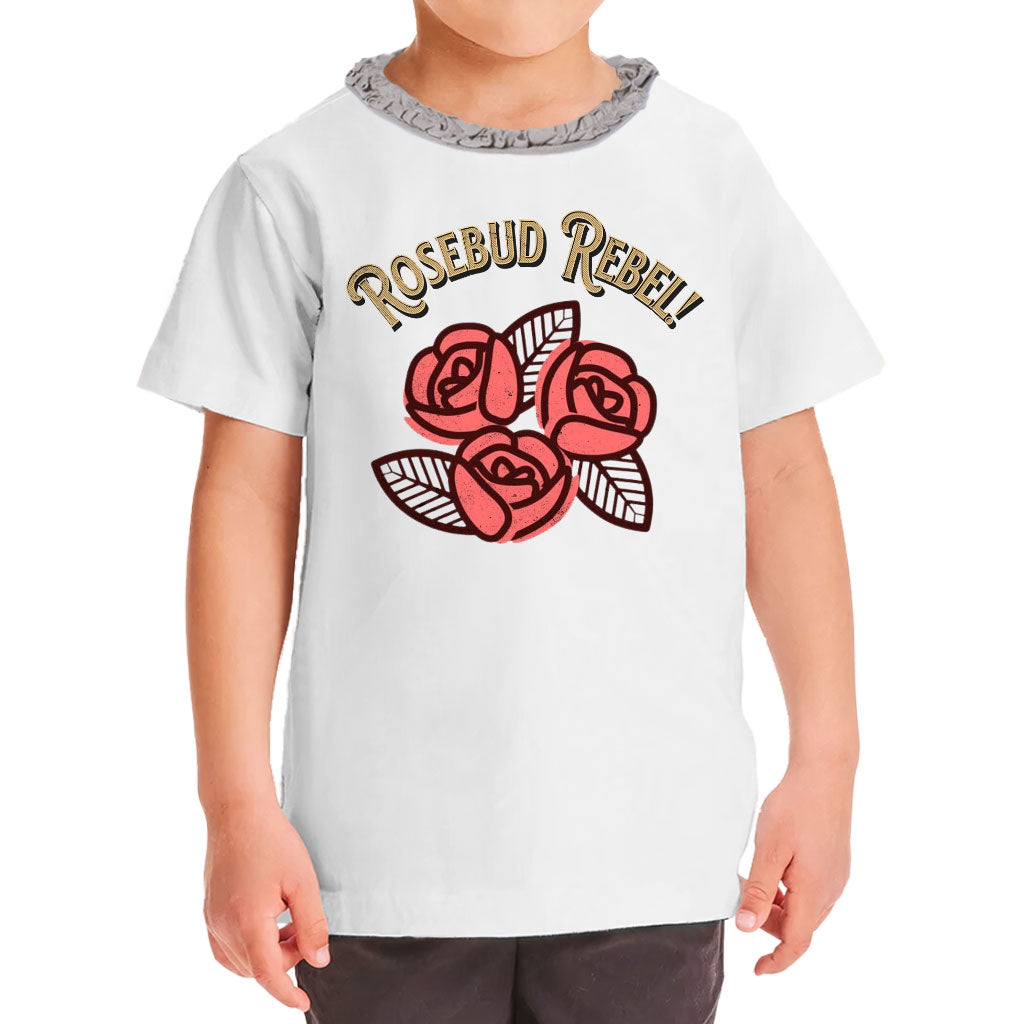 Rosebud Rebel Girls' Ruffle Neck T-Shirt - Cute Toddler T-Shirt - Flower Themed Ruffle Neck Tee