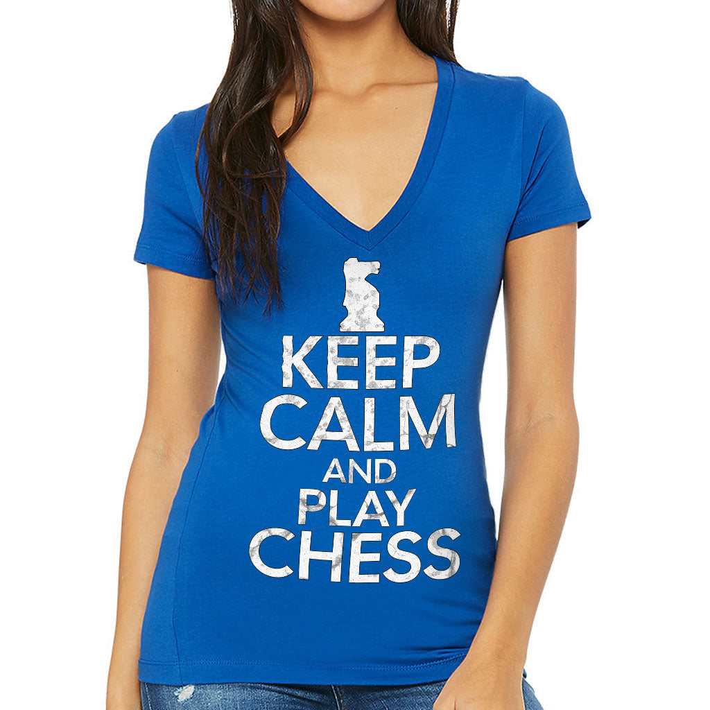 Keep Calm and Play Chess Women's V-Neck T-Shirt - Cool Saying V-Neck Tee - Graphic T-Shirt