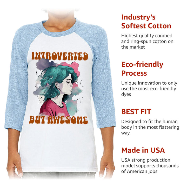 Introverted but Awesome Kids' Baseball T-Shirt - Watercolor 3/4 Sleeve T-Shirt - Graphic Baseball Tee