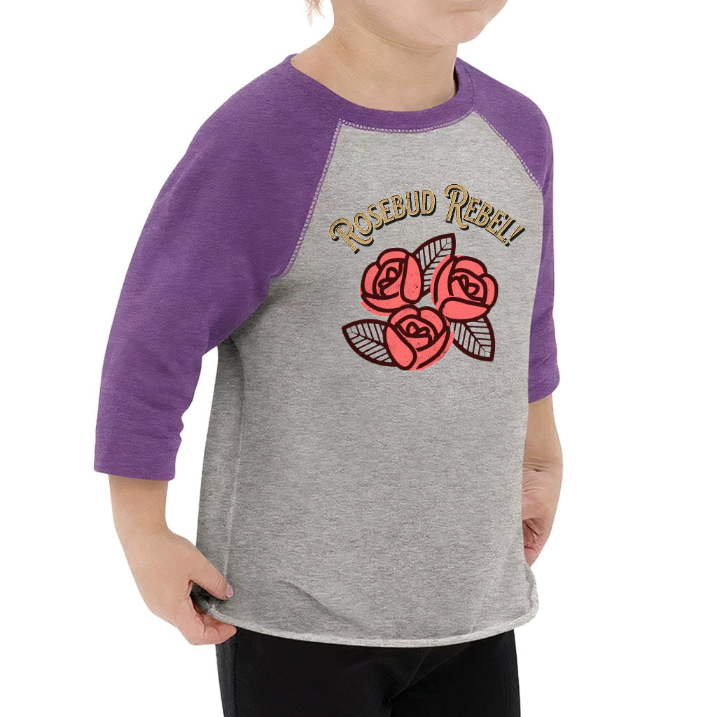 Rosebud Rebel Toddler Baseball T-Shirt - Cute 3/4 Sleeve T-Shirt - Flower Themed Kids' Baseball Tee