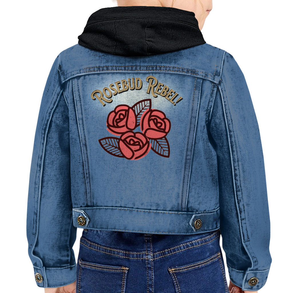 Rosebud Rebel Toddler Hooded Denim Jacket - Cute Jean Jacket - Flower Themed Denim Jacket for Kids