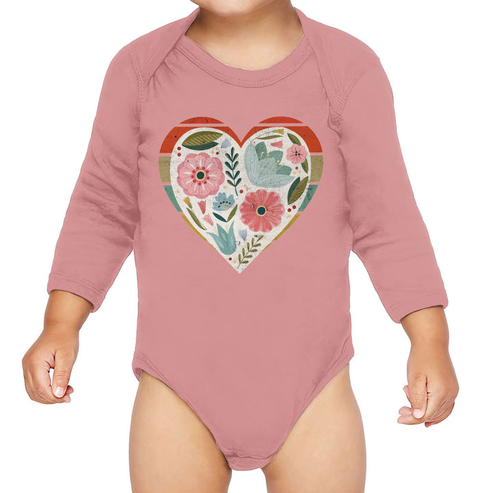 Flower Heart Baby Long Sleeve Onesie - Colorful Baby Long Sleeve Bodysuit - Printed Baby One-Piece