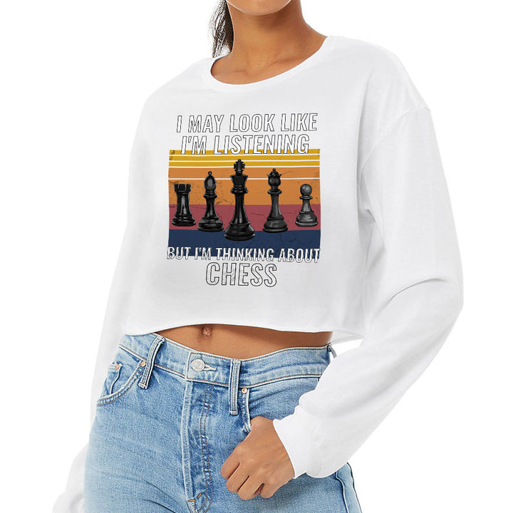 Chess Cropped Long Sleeve T-Shirt - Bright Women's T-Shirt - Colorful Long Sleeve Tee