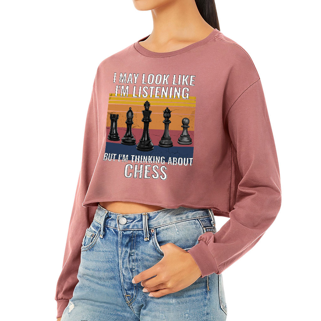 Chess Cropped Long Sleeve T-Shirt - Bright Women's T-Shirt - Colorful Long Sleeve Tee