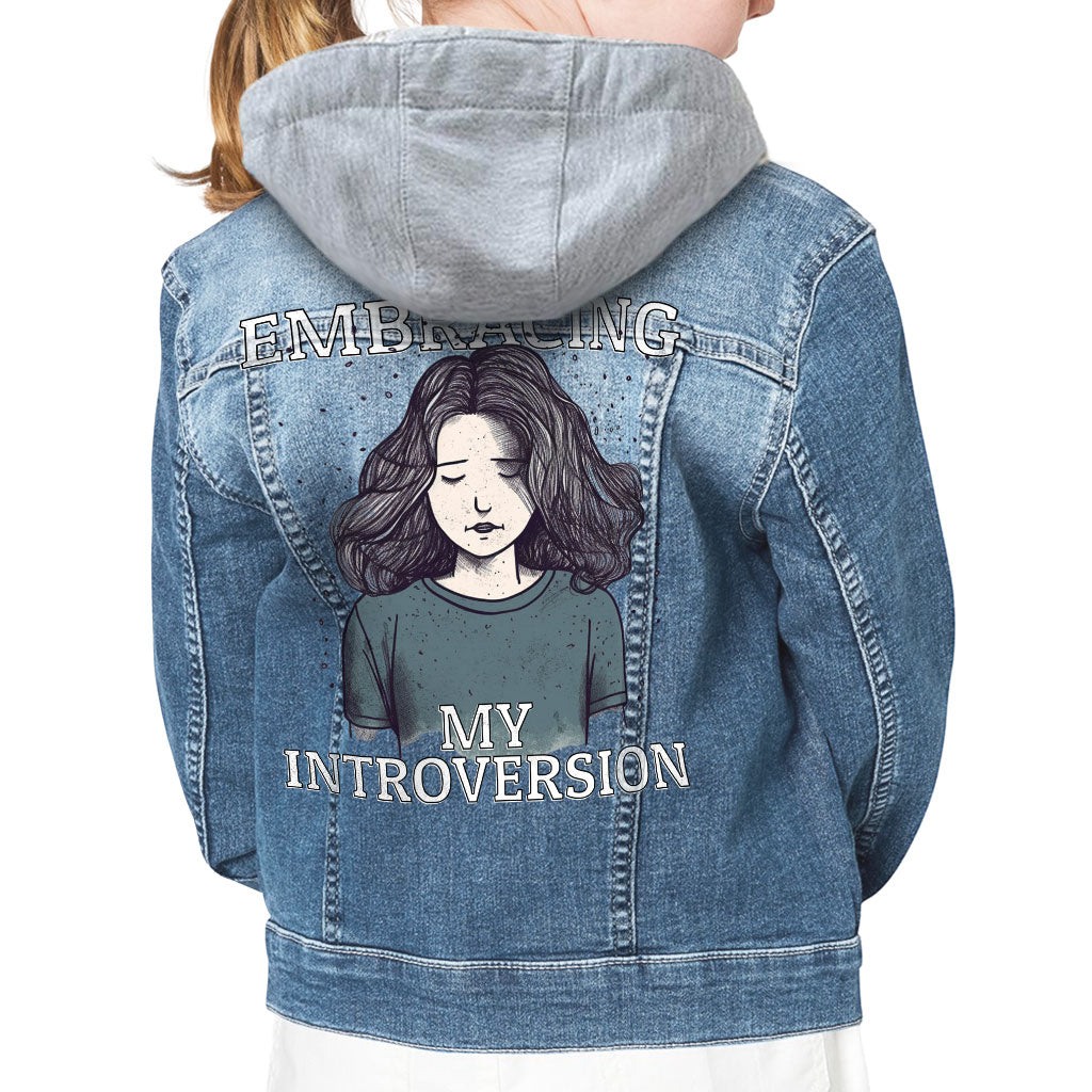 Embracing My Introversion Hooded Denim Jacket for Kids - Cute Print Jean Jacket - Printed Denim Jacket for Kids