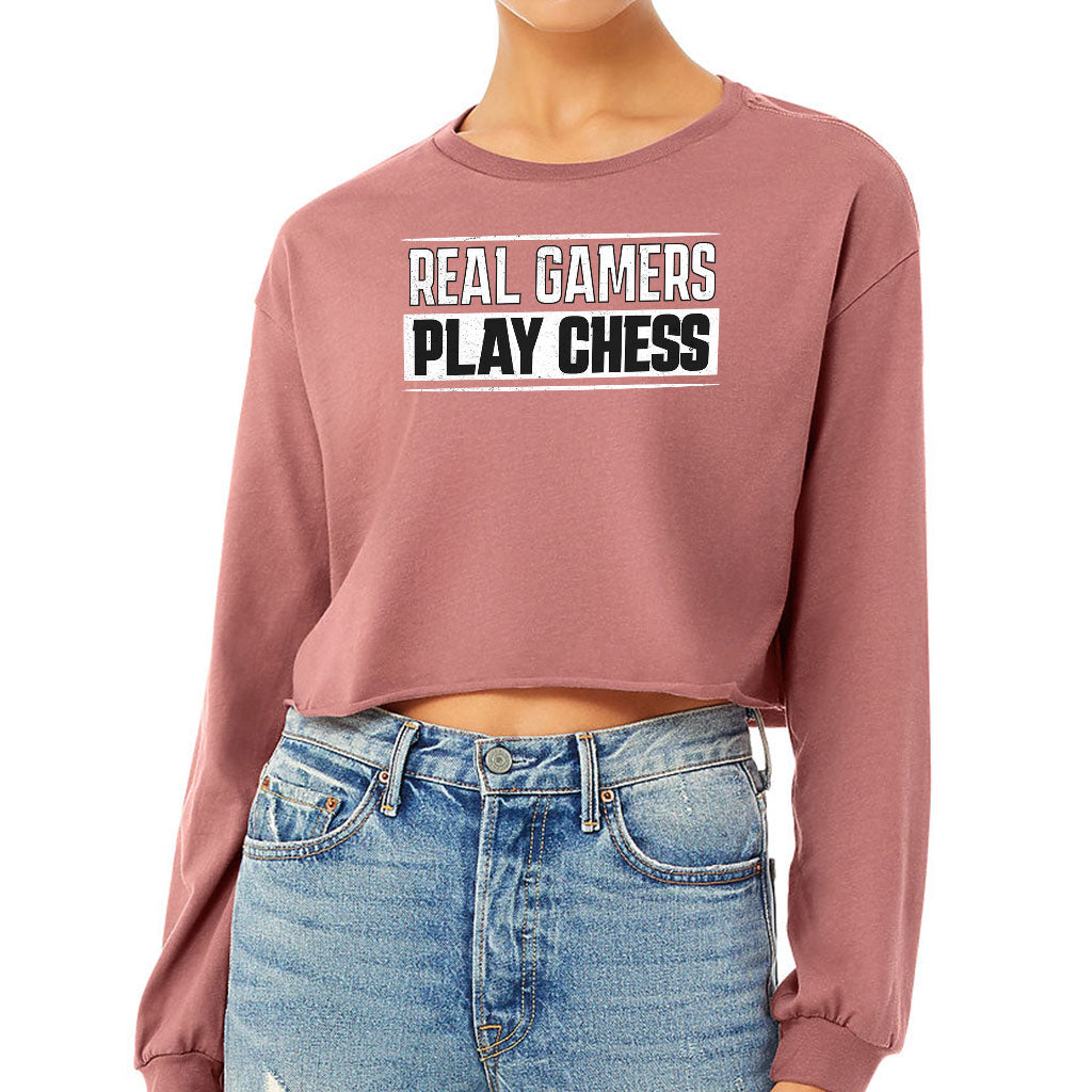 Real Gamers Cropped Long Sleeve T-Shirt - Word Graphic Women's T-Shirt - Graphic Long Sleeve Tee