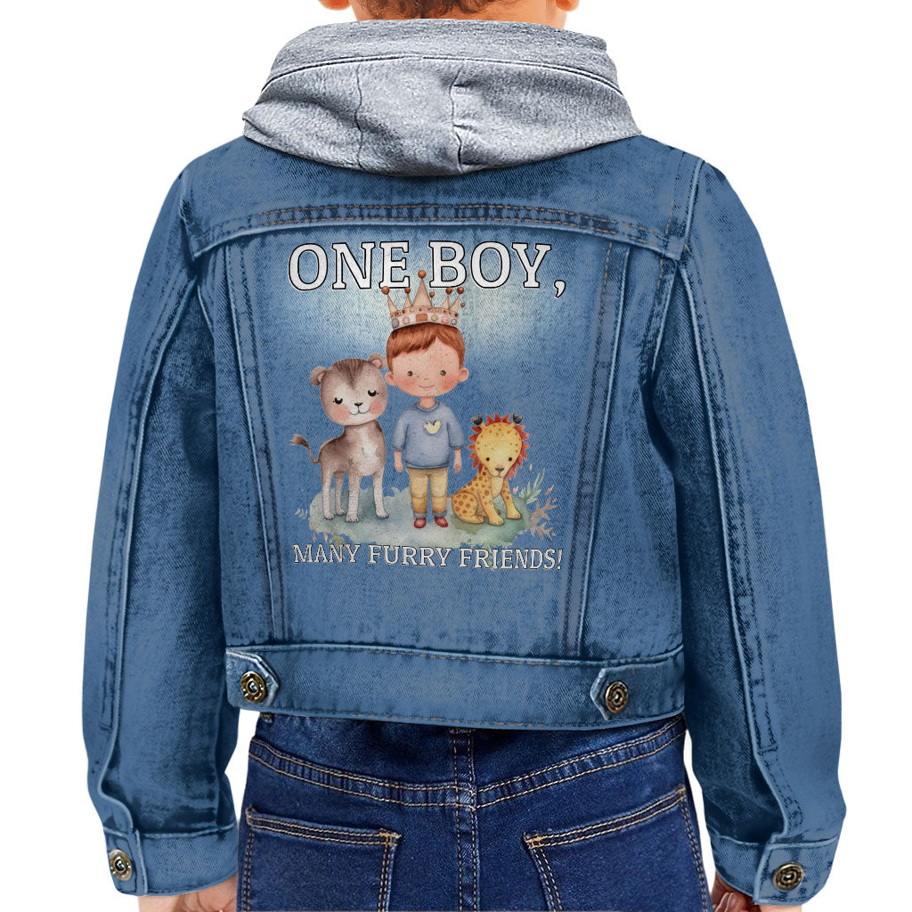 Many Furry Friends Toddler Hooded Denim Jacket - Animal Lover Jean Jacket - Graphic Denim Jacket for Kids